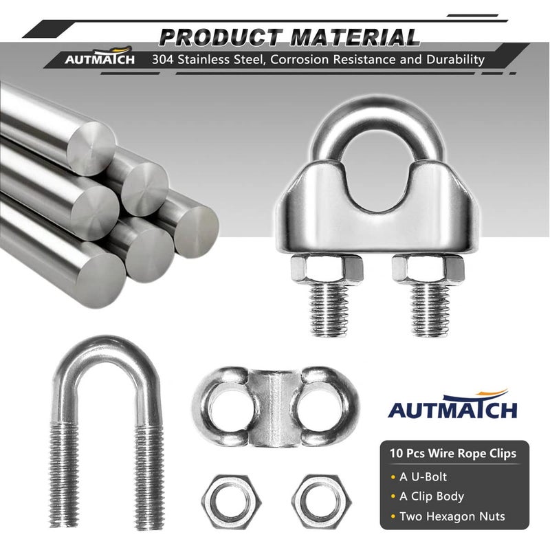 AUTMATCH M5 Wire Rope Cable Clip Clamp 3/16 Inch, 304 Stainless Steel U Bolt Saddle Fastener, 10 Pack - Image 3